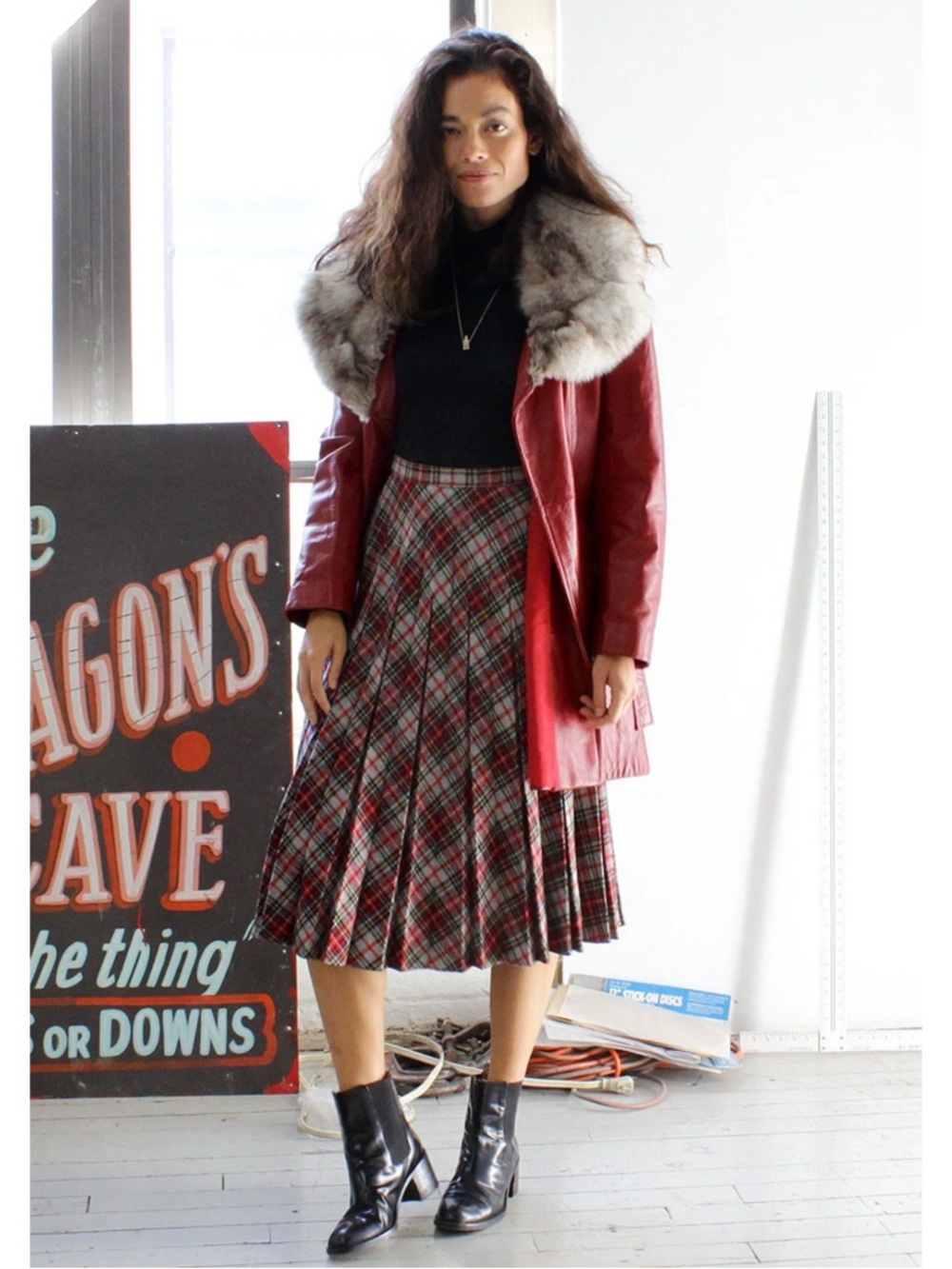 70’s Vintage Sears burgundy leather coat with a faux fur trim,